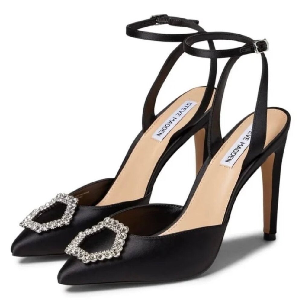 STEVE MADDEN AMORY Women's Embellished Pointed Toe Heel Pumps Black Satin Size 9